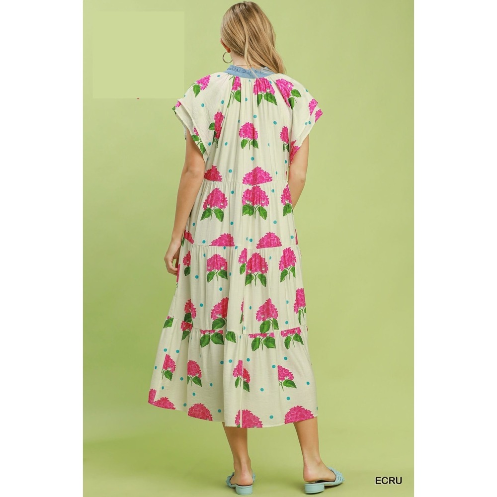 Umgee Hydrangea Print Tiered Midi Dress - Ecru - Medium - Picture 4 of 5